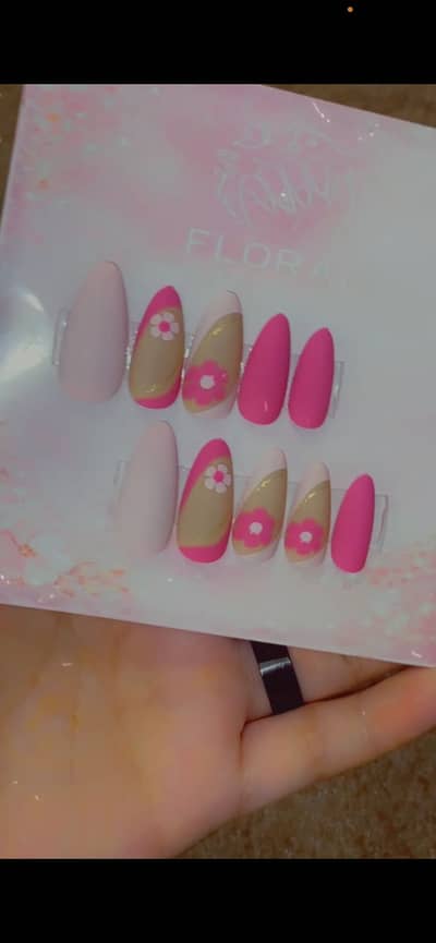 Matte floral pink nails