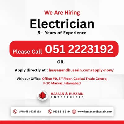 Hiring Electrician – Experienced Electrician Required in Islamabad
