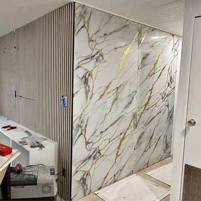 Pvc wall panel. wallpaper. blinds. wooden pvc vinyl flooring. ceiling.