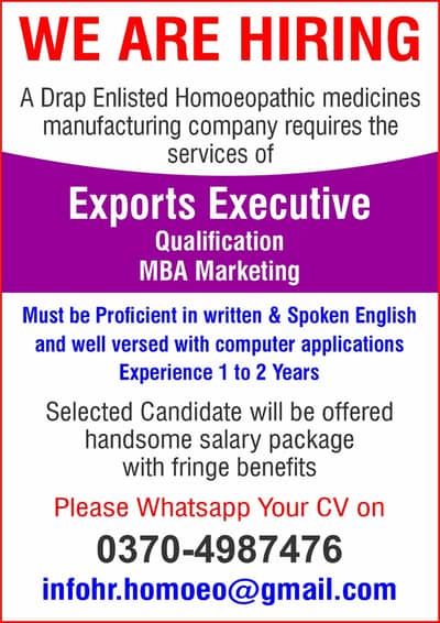 Exports Executive , Export fficer (Male Job) Urgent Hiring