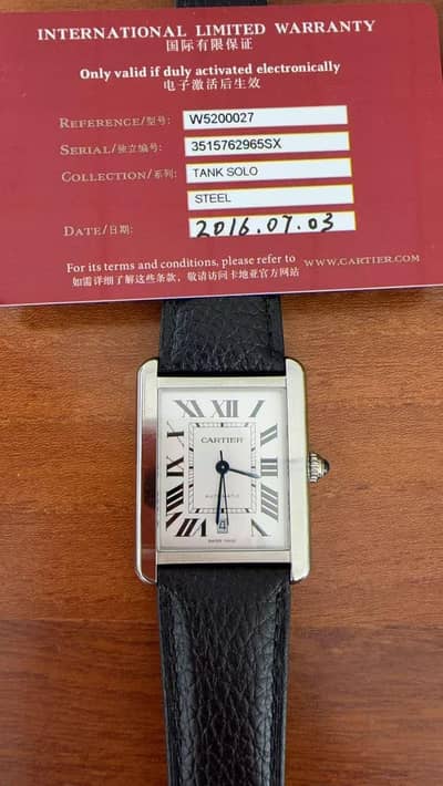 Cartier Tank Watch with Card