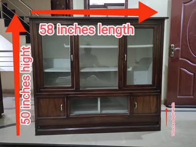 Wooden showcase 50"hight x 58"length x 15"width/depth in good conditio