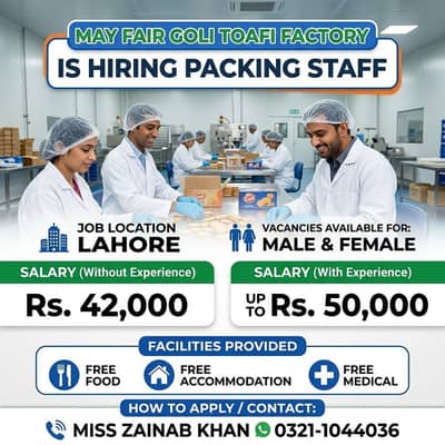 Need urrequi staff Mayfair goli tofi Factory Jobs available in Lahore