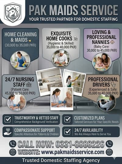 House Maids , Babysitter , Patient Care , Nurse , Driver, Maids, Cook