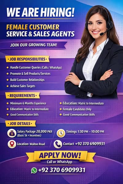 Female Customer Service / Sales Staff Required – Walton Road