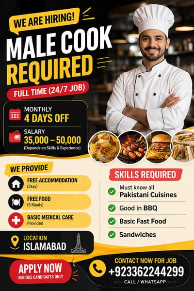 Male Cook Required (24/7) | Free Accommodation + Food | Salary 35-50K