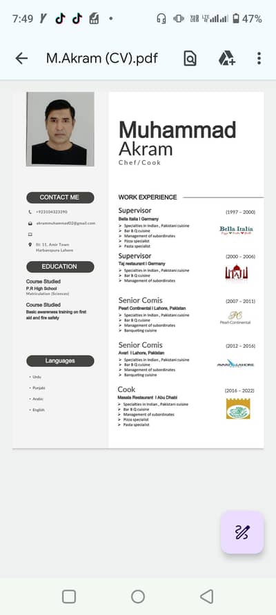 experienced chef available in lahore only