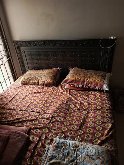 wooden double bed set with 1 side table and dressing