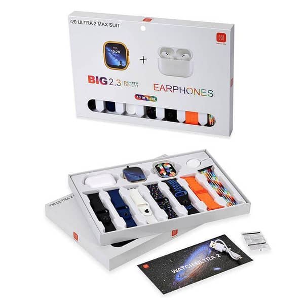 Original i20 Ultra MAX Suit Smartwatch with AirPods Pro, 2.3" display, 7 straps, transparent screen guard, waterproof, heart rate & sleep tracking