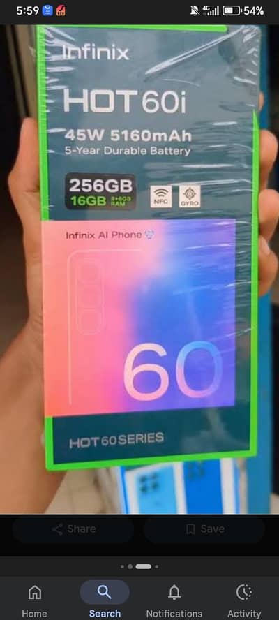 box pack phone non active 8/256 gb infinix hot 60 i