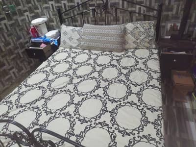 Foldable Iron bed with two wooden side tables