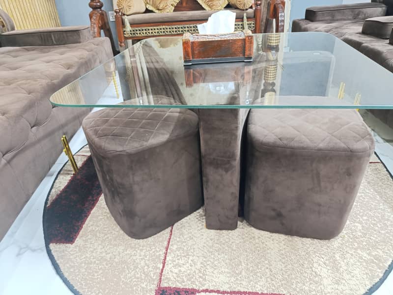 Sofa Set + Tea table with 4 stools 4