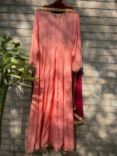 Stylish Party Wear Peach Maxi with Contrast Maroon Dupatta