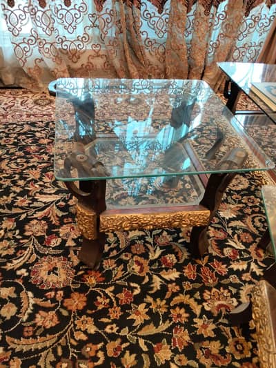 Luxury 3-Piece Carved Wood & Glass Table Set – Excellent Condition