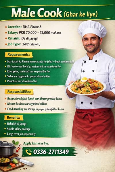Male Cook (Ghar ke liye KHANSAMA / BAWARCHEE )