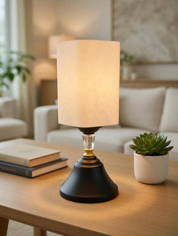 Modern crystal table lamp with metal body and premium shade. 3 lighting modes (White, Blue, Natural). Perfect for bedroom, bedside table, living room and home decoration.