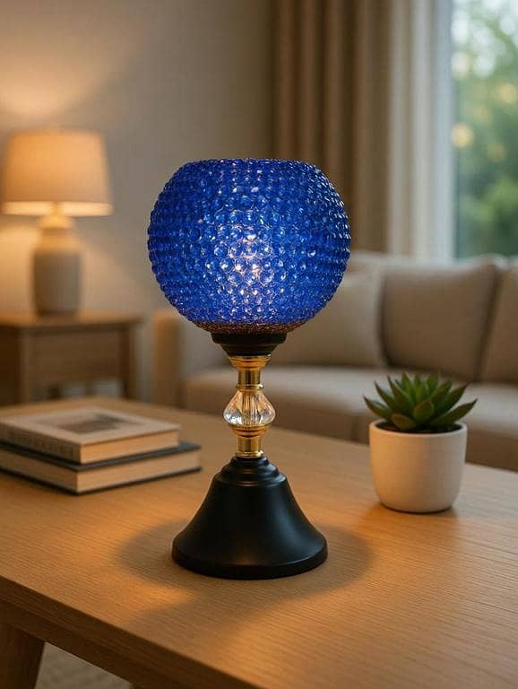 Modern Table Lamp 12 Inch | Glass Shade & Metal Base | 3 Light Modes Blue, White, Natural | Decorative Bedside Lamp