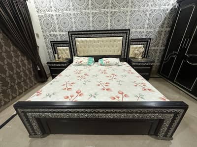 Original Wooden Bed with Two Side Tables. Good Condition