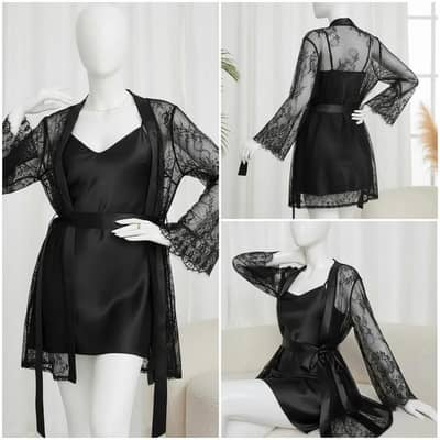 2 Pcs Women's Stitched Silk Lace-Work Night Suit