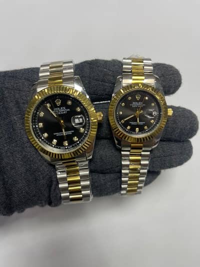 Luxury Rolex Couple Watches - Black Dial with Diamond Markers