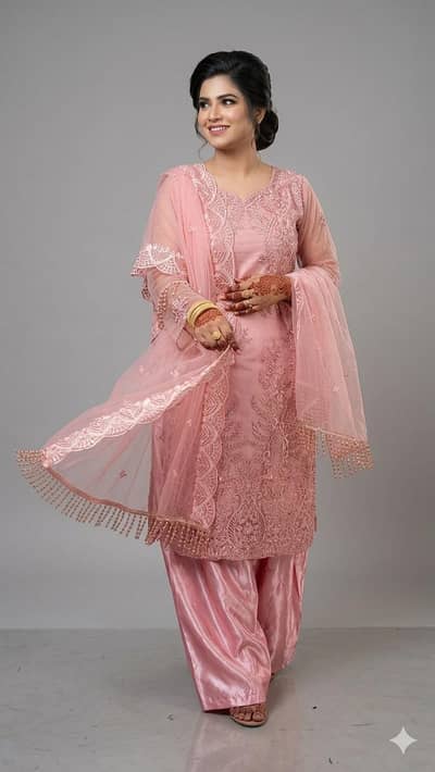 3 Pc Stiched medium large Available organza dresses pista and black