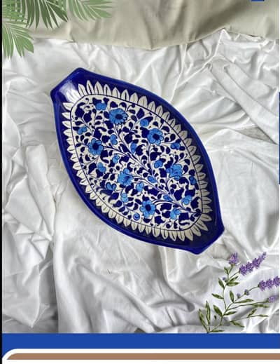 Hand-Painted Multani Blue Pottery Serving Dish / Rice Tray