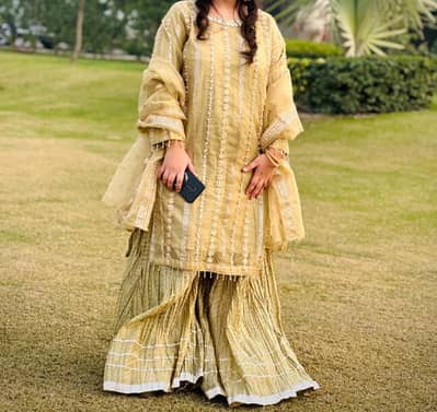 3PC Embroidered Dress with Moti Work & Chunri Sharara - Large Size