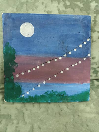 Handmade Night Sky Painting with Moon & Fairy Lights