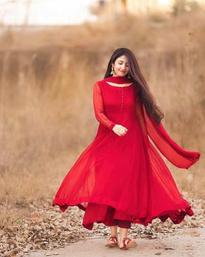 chiffon long frock red colour. . .