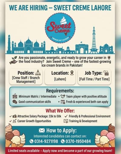 Crew Staff & Branch Manager Jobs in Lahore | Sweet Creme Hiring |