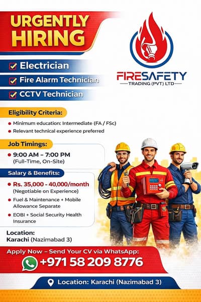 Electrician Jobs |Fire Alarm Technician Required  CCTV Technician Jobs