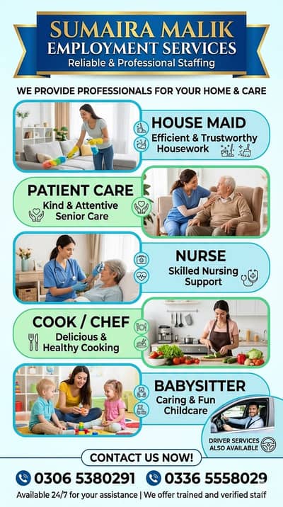 Maids / House Maids / cook / House chef / Baby Sitter maid available.