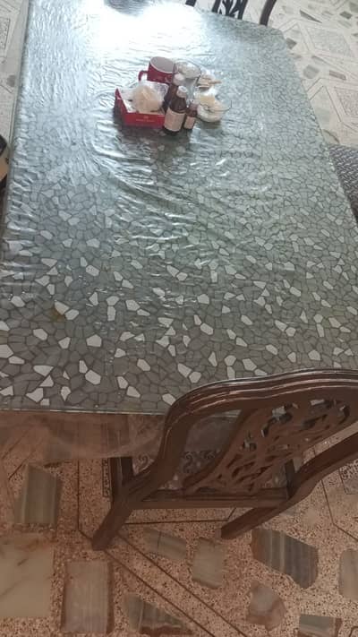 Glass Top Dining Table with  6 Wooden Chairs 4.5 width 6.5 Length apox
