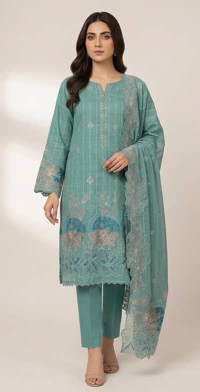 Designer Wear Lawn 3-Pc Suit - Heavy Daman & Sleeves Embroidery