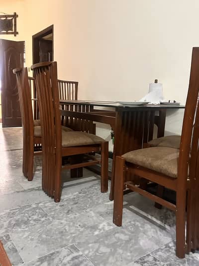 Wooden dining table 6 seater pure lakri brown imported cloth seat