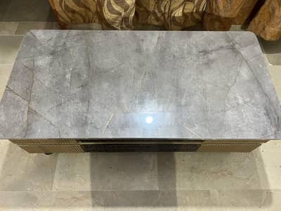 Elegant Marble‑Top Carved Wood Coffee Table with Gold Accents