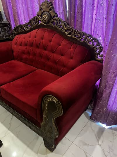 Royal Red Velvet Sofa – Solid Wood Carving | Luxury Look