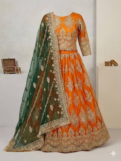 Stunning Orange & Green Embroidered Lehnga Choli Set with Dupatta