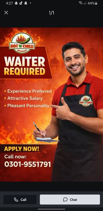 Waiter Required for hot and chilli blue area Islamabaad