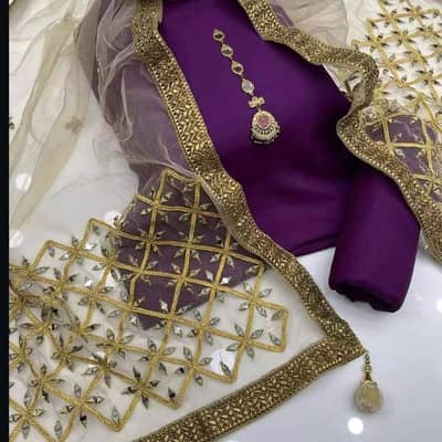 purple katan silk 3 piece suit with embroidered dupatta