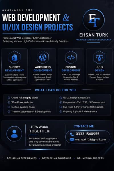 Available for web development & UI UX design projects & Shopify