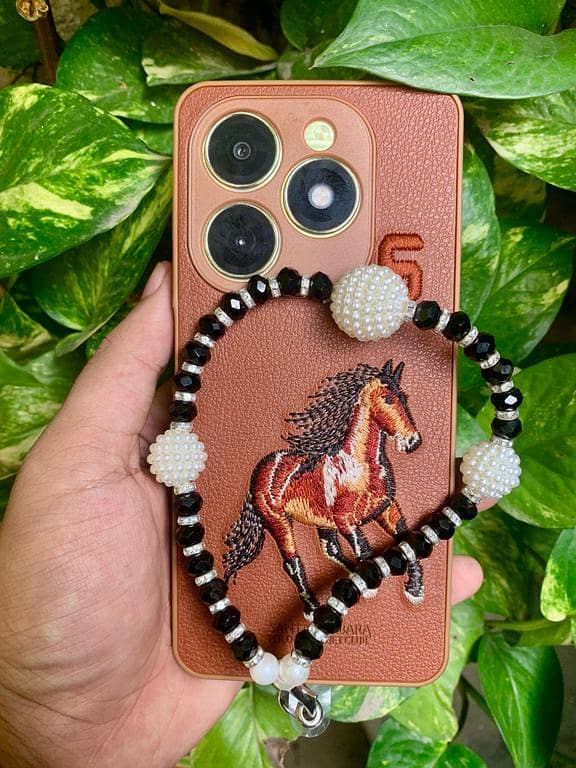 Premium Anti-Shockproof Black & White Pearl and Crystal Beaded Phone Charm with Hand Grip for Android and iPhone