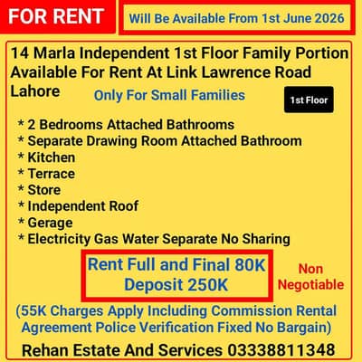 14 Marla 1st Floor Family Portion For Rent At Link Lawrence Road LHR