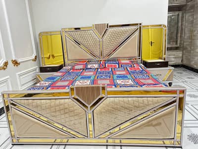 Luxury Designer Double Bed Set – Modern Golden Finish with Storage