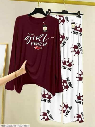 Women printed jersey night suit 2 PC Brown