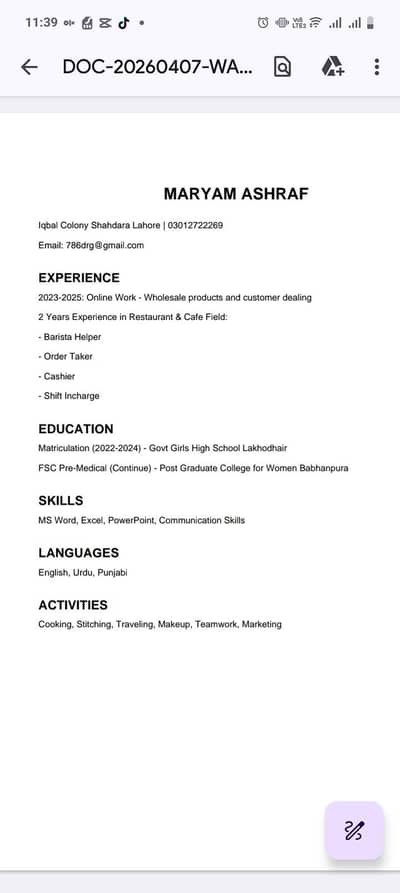 shift Incharge  order taker cashier barista helper and I have online