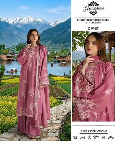 original cross stitch  3 PCs  unstiched Embroidered suit  - pink color