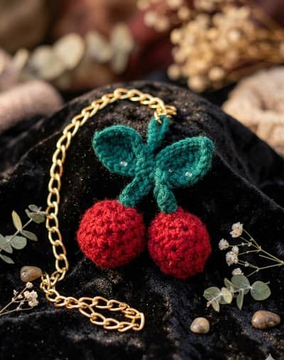 Cute trendy crochet cherry  keychain