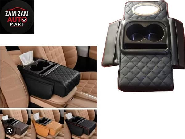 Car Armrest with Cup Holders, Tissue Box and Extra Mobile Pocket. (Black color)