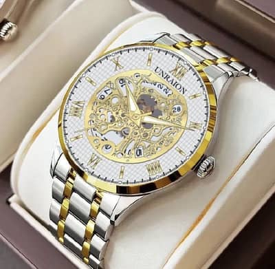 unraion men’s Gold - Tone Stinless steel Skeleton watch